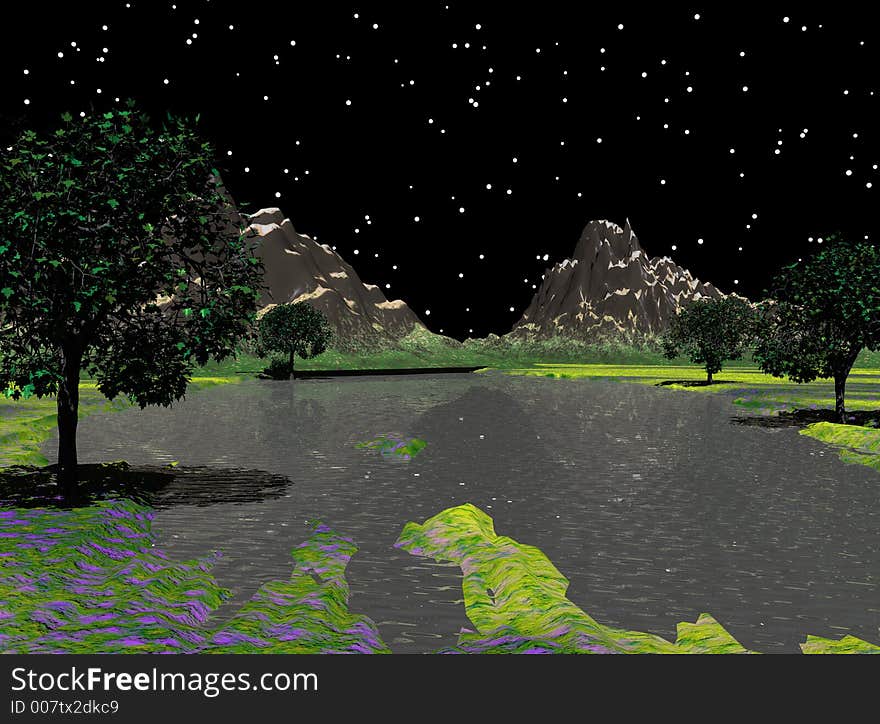 Fantasy River at night computer generated by Bryce 3D rendered landscape terrain. Fantasy River at night computer generated by Bryce 3D rendered landscape terrain