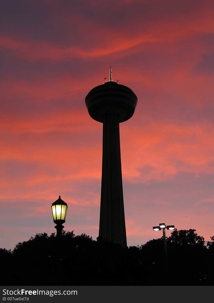 Sunset with tower and lantern at Niagara Falls, Ontario, Canada