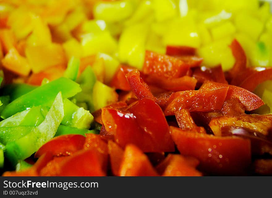 Four colors slice of paprika. Red slices in front of view. Four colors slice of paprika. Red slices in front of view