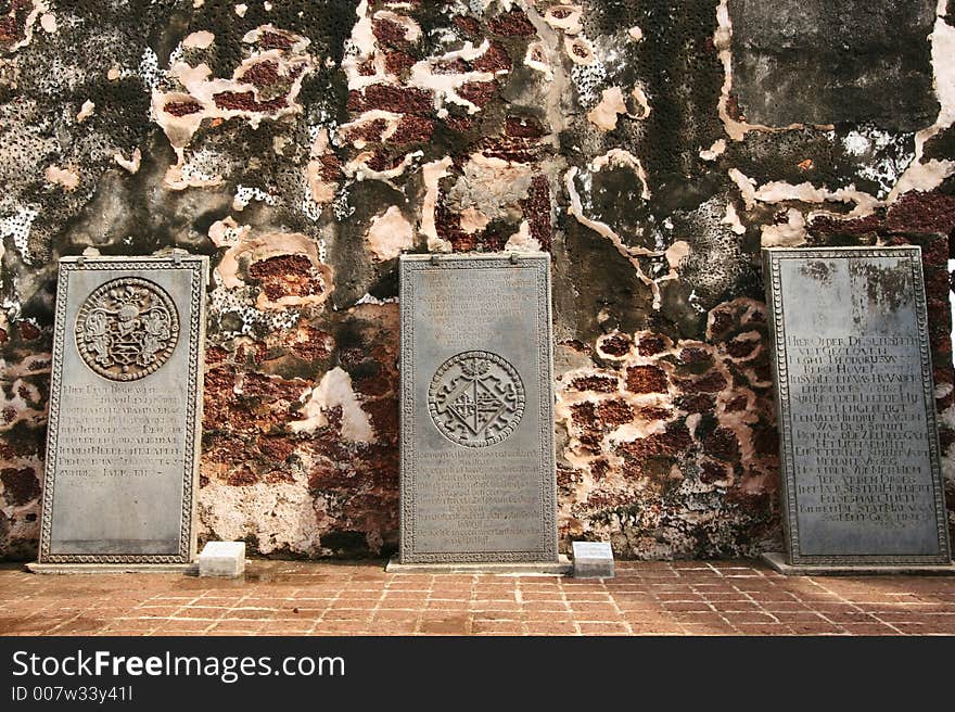 TombStones on display in the ruins of St Paul Church, Malacca, Malaysia