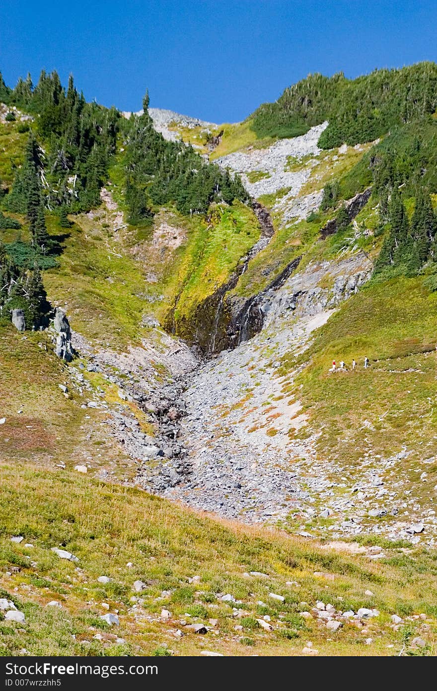 Waterfall of glacier melt along the hiking trail of Mt. Rainier