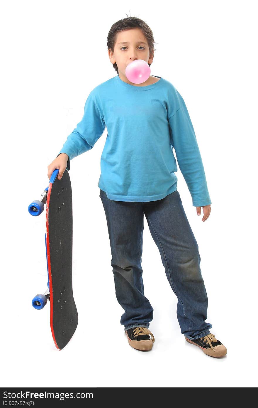 Boy Blowing A Bubble Gum Holding A Skate