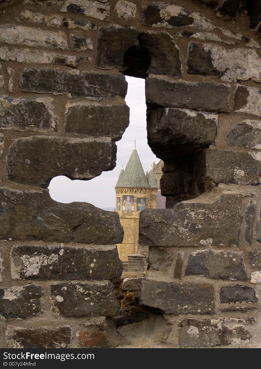 View of old Aberystwyth University through arrowloop. View of old Aberystwyth University through arrowloop