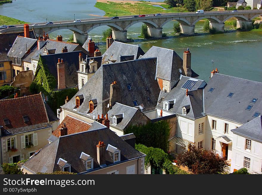 Old town, river and bridge view. Old town, river and bridge view