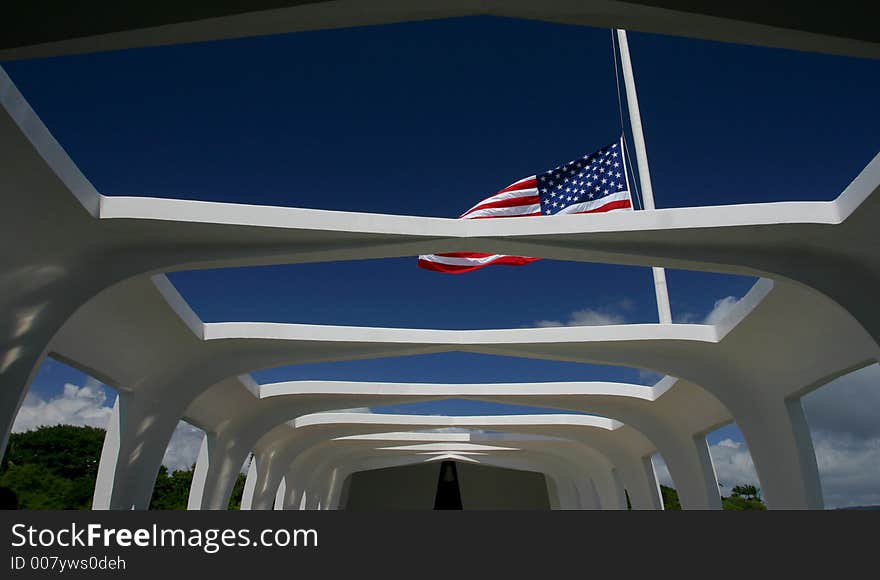 The flag above the Arizona Memorial. The flag above the Arizona Memorial.