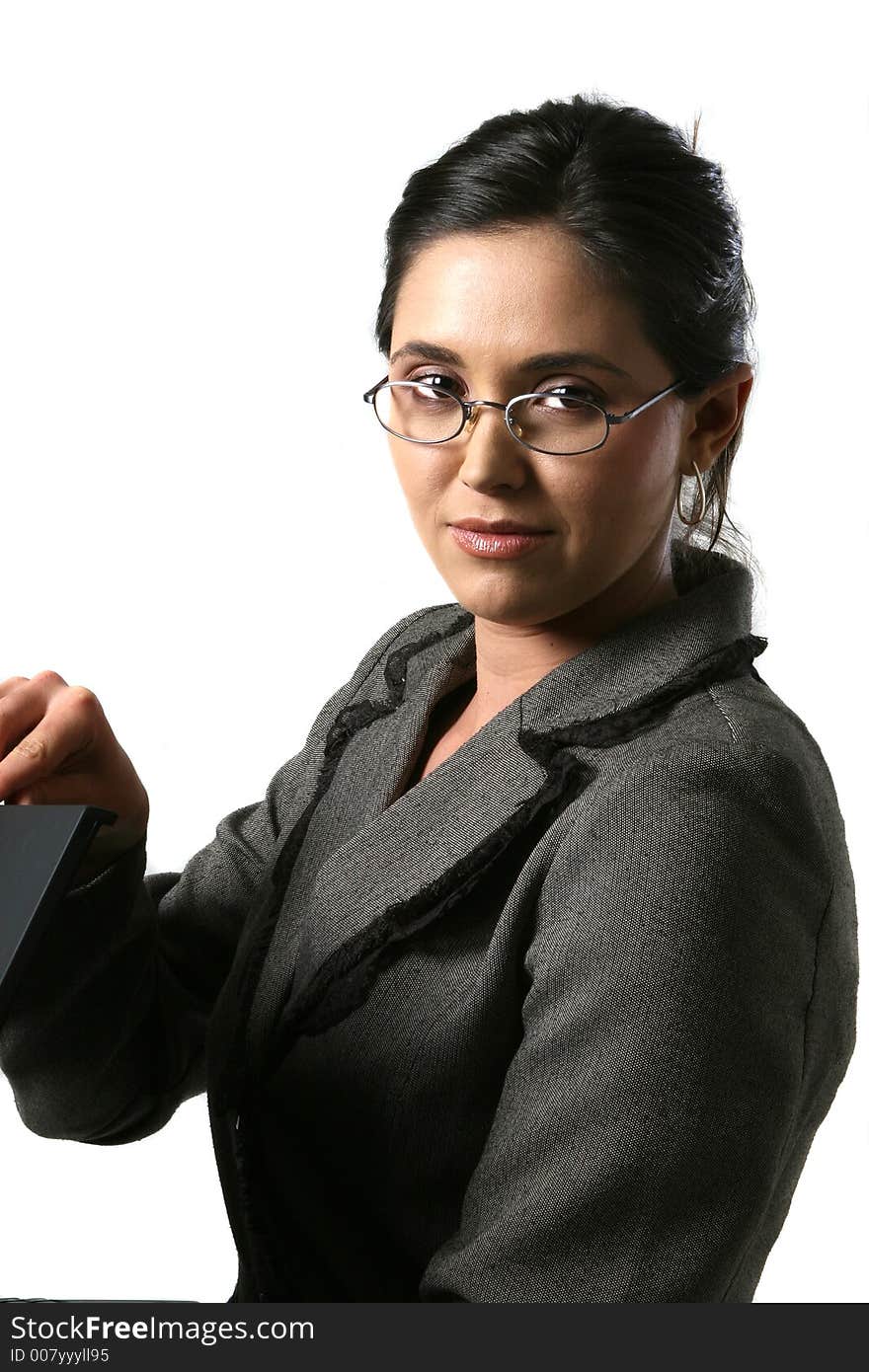 Business woman with computer looking at the camera