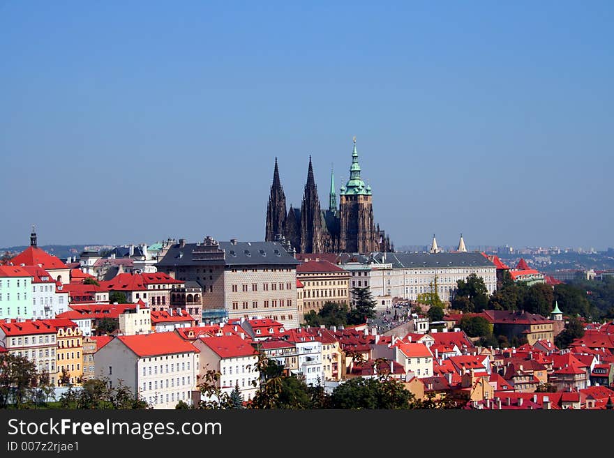 Overview of the Prague Castle with St. Vitus cathedral taken from the Petrin hill. Overview of the Prague Castle with St. Vitus cathedral taken from the Petrin hill