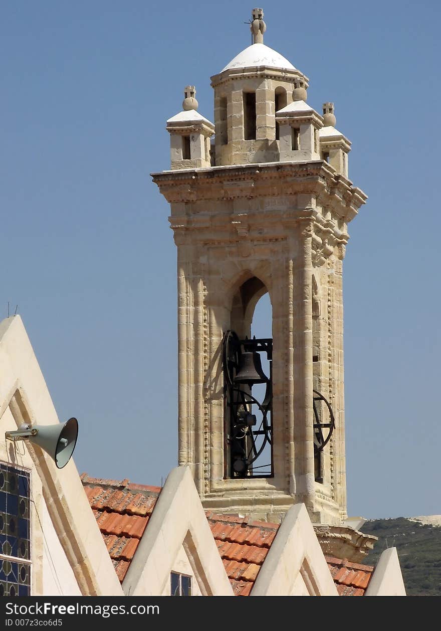 A steeple on an old church in Omodos, Cyprus. A steeple on an old church in Omodos, Cyprus