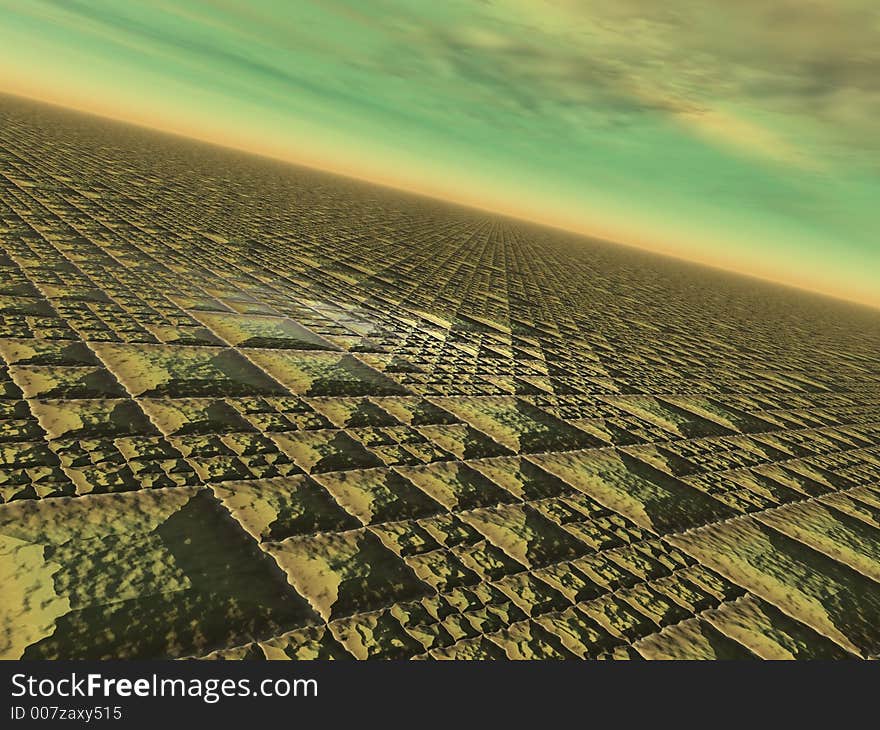 A grid of stone of into the horizon in a alien atmosphere. A grid of stone of into the horizon in a alien atmosphere.