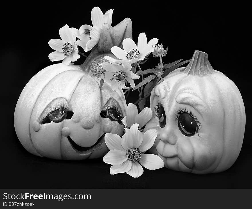 Ceramic pumpkins with flowers all around.  Taken in a lightbox with black background and converted to black and white in photoshop. Ceramic pumpkins with flowers all around.  Taken in a lightbox with black background and converted to black and white in photoshop.