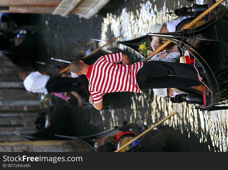 Part of the make-up of Venice are the Gondolas and the Gondaliers. They are often waiting for jams ahead. Part of the make-up of Venice are the Gondolas and the Gondaliers. They are often waiting for jams ahead.