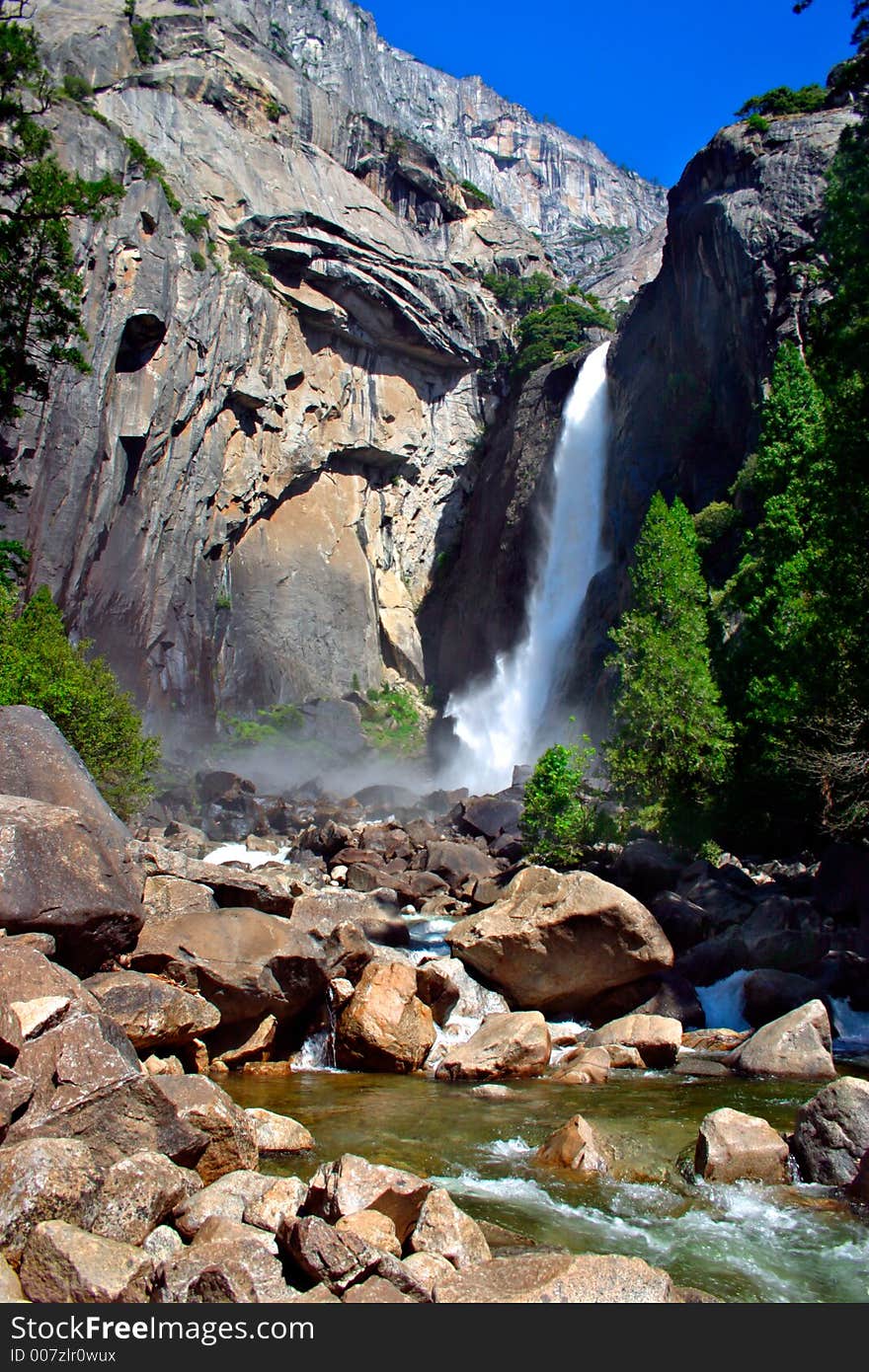 Yosemite Falls is the highest measured waterfall in North America. Located in Yosemite National Park in the Sierra Nevada mountains of California, it is a major attraction in the park, especially in late spring when the water flow is at its peak. Yosemite Falls is the highest measured waterfall in North America. Located in Yosemite National Park in the Sierra Nevada mountains of California, it is a major attraction in the park, especially in late spring when the water flow is at its peak.