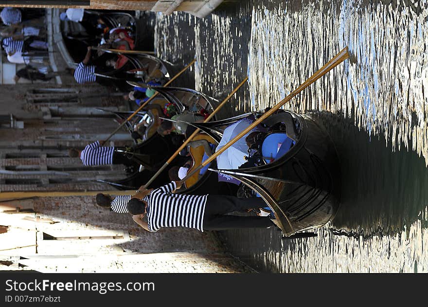 Part of the make-up of Venice are the Gondolas and the Gondaliers. They are often waiting for jams ahead. Part of the make-up of Venice are the Gondolas and the Gondaliers. They are often waiting for jams ahead.