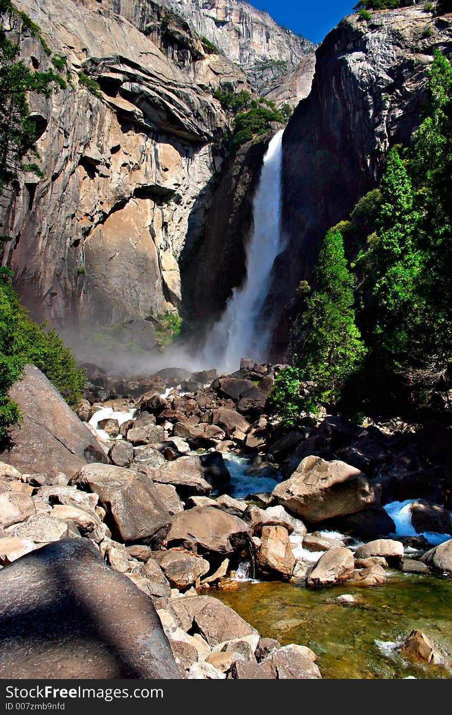 Yosemite Falls is the highest measured waterfall in North America. Located in Yosemite National Park in the Sierra Nevada mountains of California, it is a major attraction in the park, especially in late spring when the water flow is at its peak. Yosemite Falls is the highest measured waterfall in North America. Located in Yosemite National Park in the Sierra Nevada mountains of California, it is a major attraction in the park, especially in late spring when the water flow is at its peak.