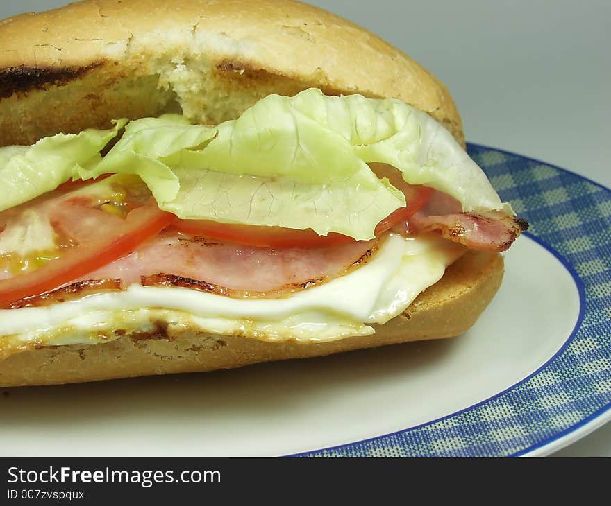 Bacon and cheese sandwich on a tray whit lettuce and fresh tomato