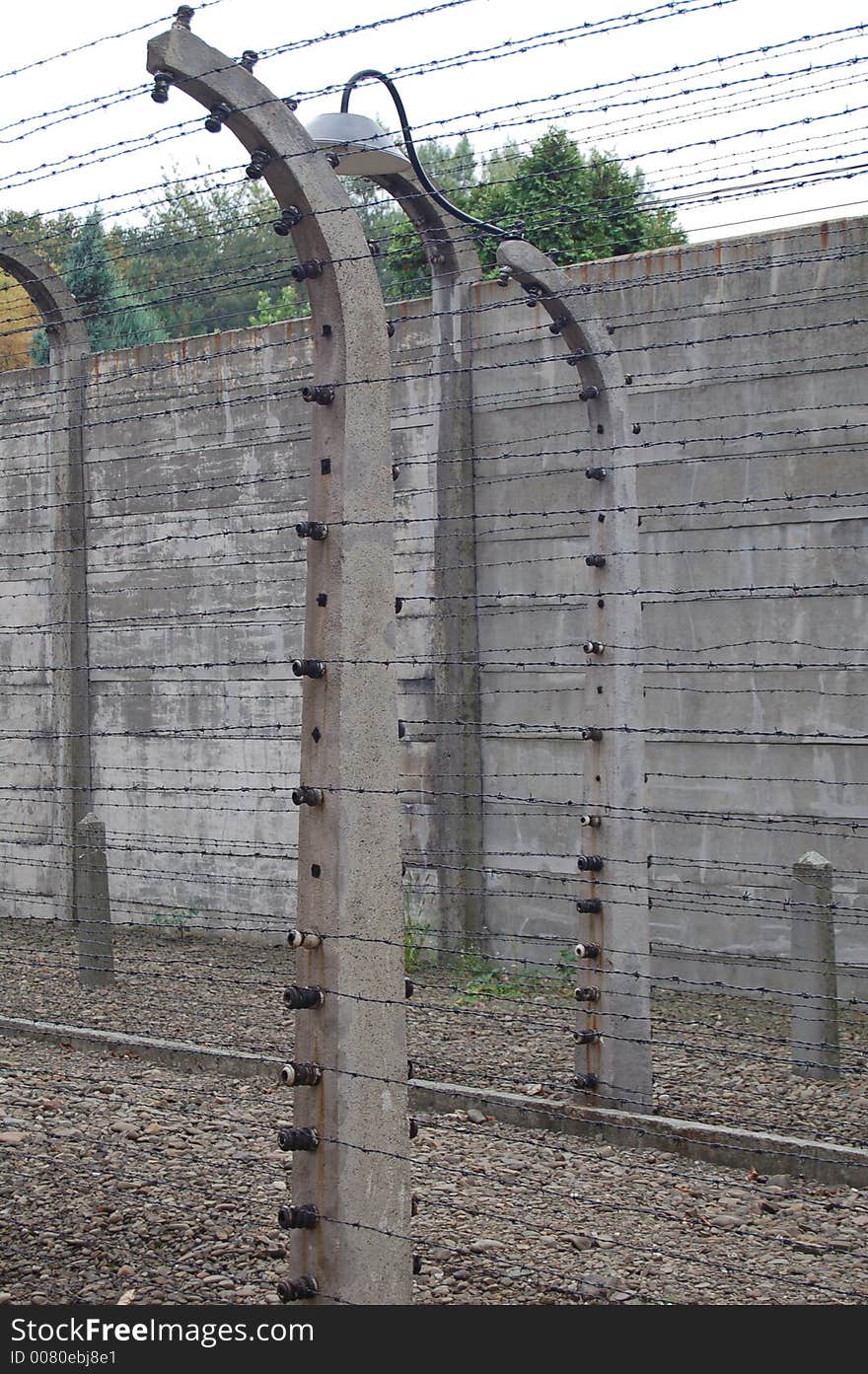 Barbed wire electric fence at Auschwitz concentration camp.