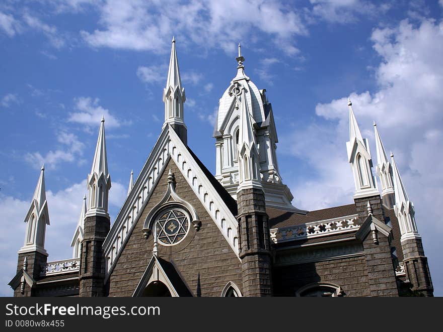 The Assembly Church where the Mormon religious services were held while the Temple was being built.  Located at Temple Square in Salt Lake City, Utah. The Assembly Church where the Mormon religious services were held while the Temple was being built.  Located at Temple Square in Salt Lake City, Utah.