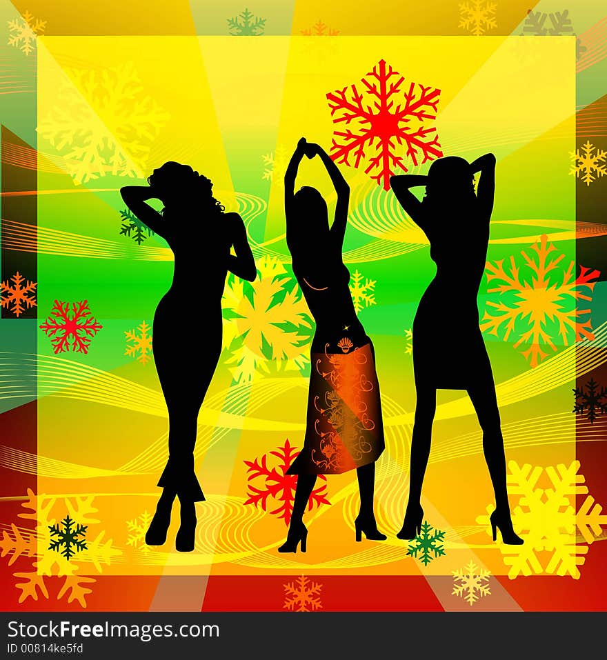 Female silhouettes dancing in a disco