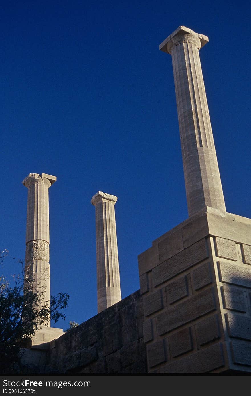 Pillars of Lindos Acropolis with blue sky