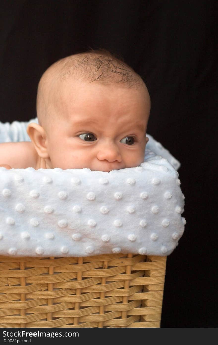 Image of a cute baby boy sitting in a blanket-lined basket. Image of a cute baby boy sitting in a blanket-lined basket