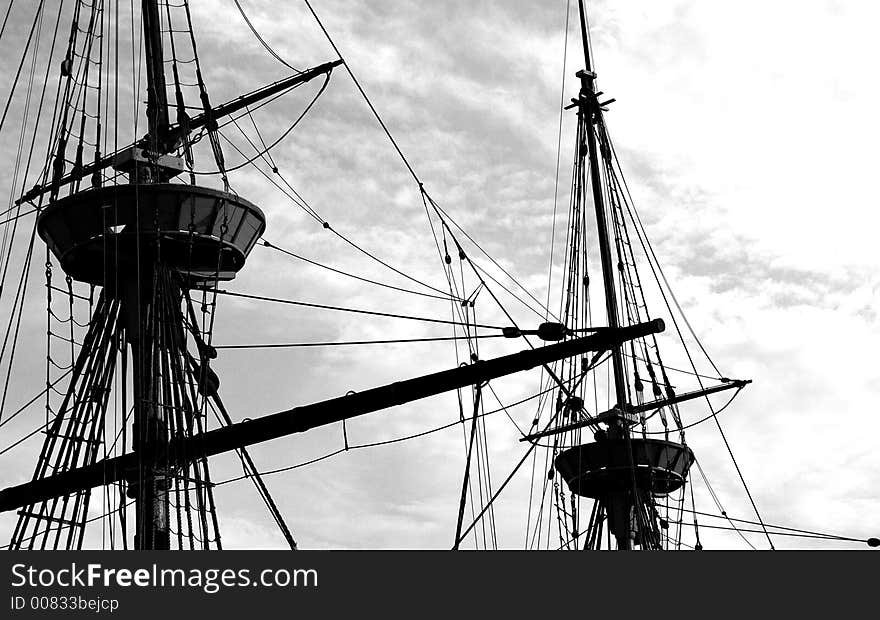 The masts of a ship in black and white. The masts of a ship in black and white