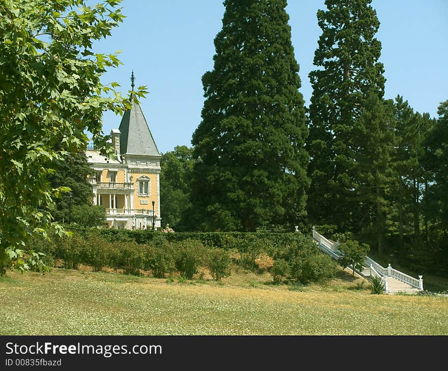 Old castle, trees and staircase