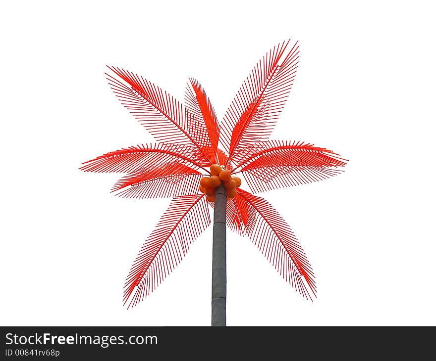 Artificial coconut palm with orange leaves over white background. Artificial coconut palm with orange leaves over white background