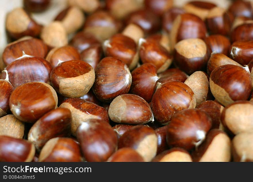 Closeup of ripe brown chestnuts.