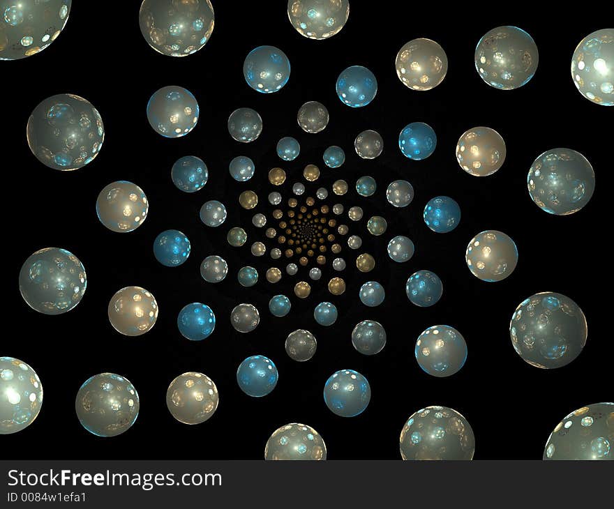 Fractal, balls spiraling infinitely into the center of the picture. Fractal, balls spiraling infinitely into the center of the picture.