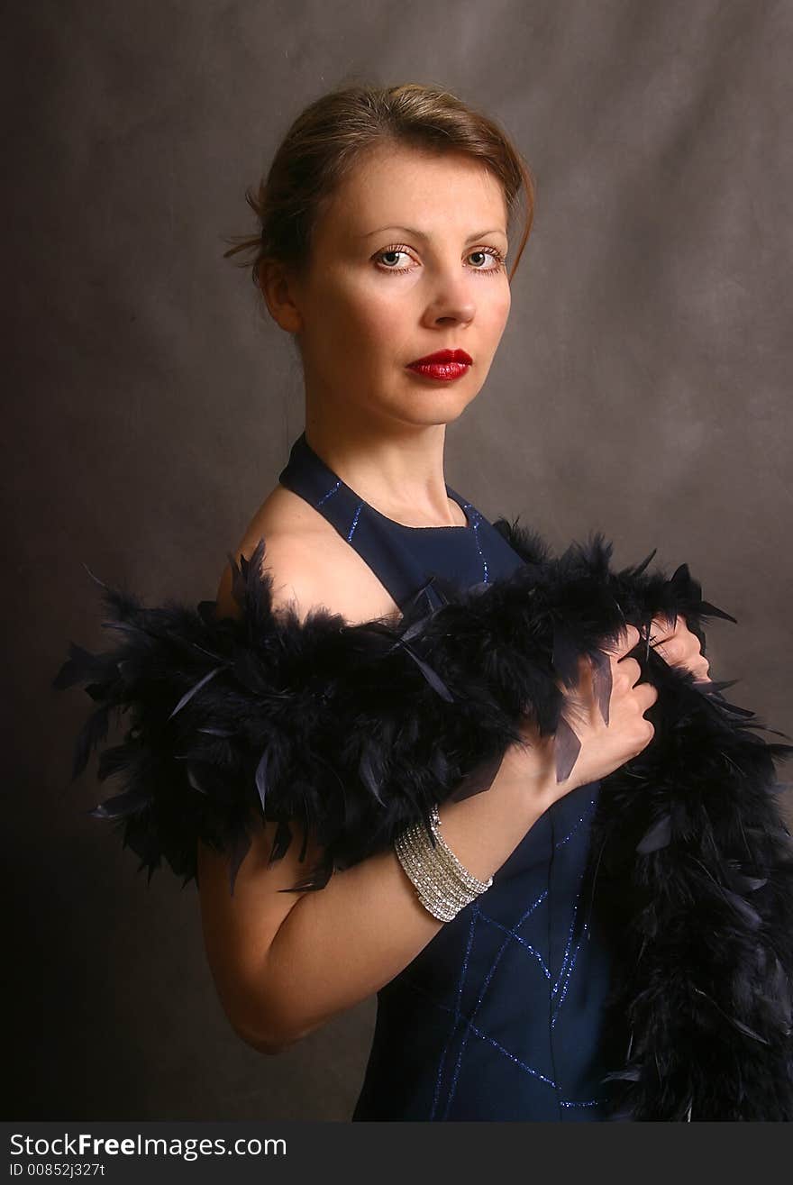 Portrait of the beautiful woman in an evening dress with feathers. Portrait of the beautiful woman in an evening dress with feathers