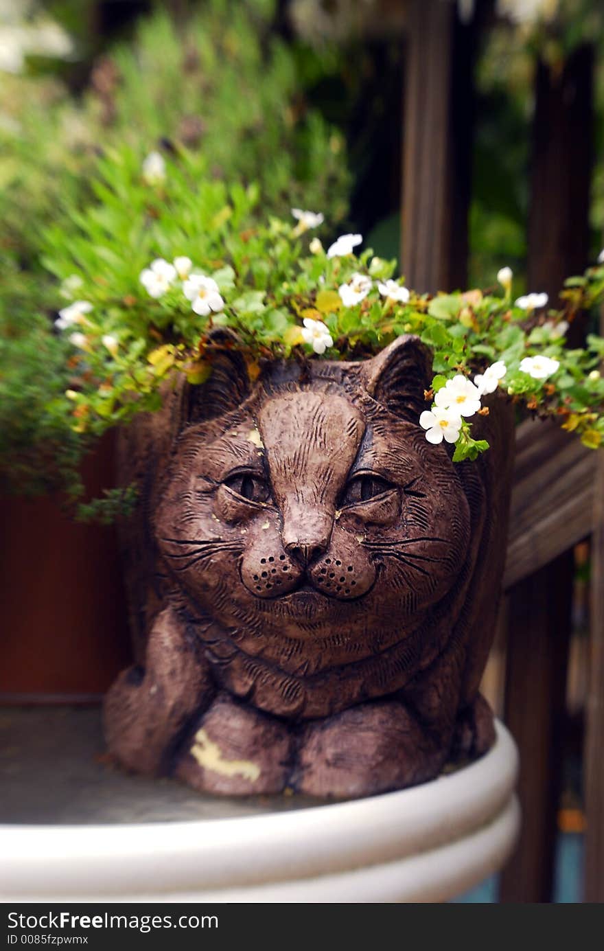 Cat figure planter with flowers on a table in the garden. Cat figure planter with flowers on a table in the garden.