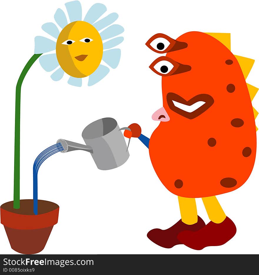 Strange Guy Watering a Flower. Strange Guy Watering a Flower