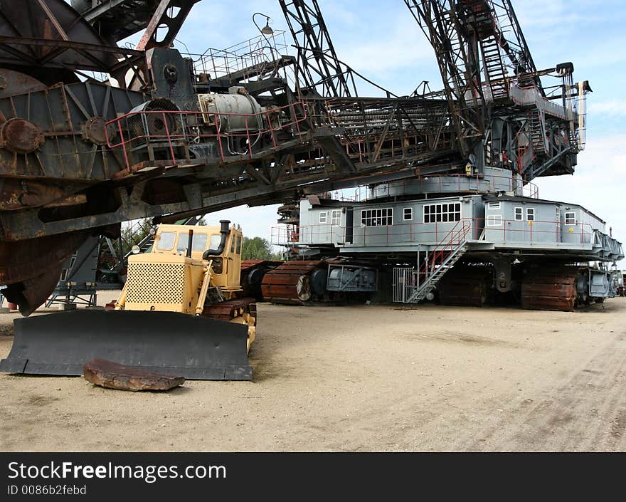 Open mining excavator and Russian dozer t-100, Saxonia, Germany