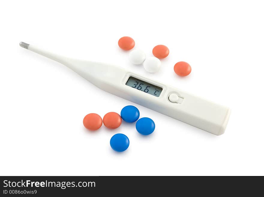Thermometer and many pills. Clipping path included.