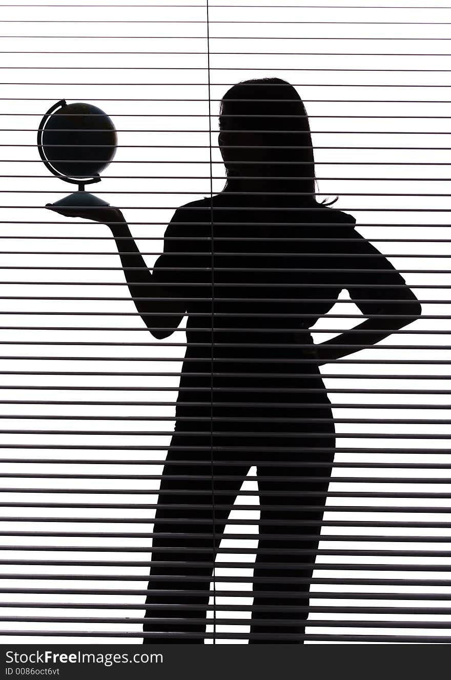 Isolated on white silhouette of woman with globe (blind)