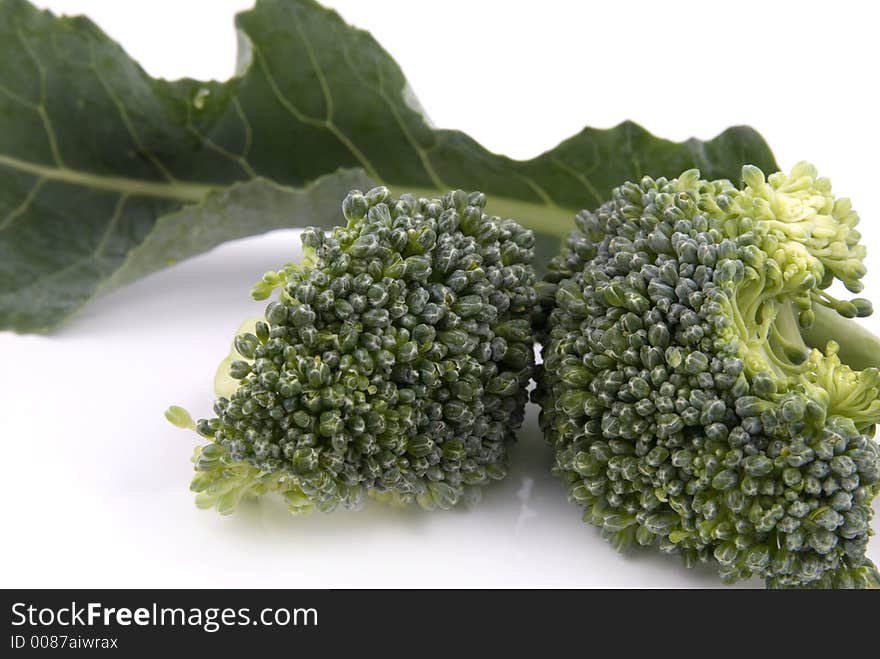 Small stalk of broccoli and a leaf