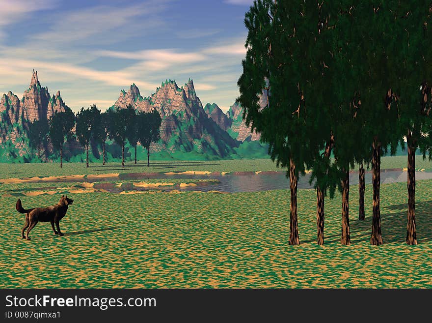 Computer generated scene of a Wolf looking across a small lake toward the mountains. Computer generated scene of a Wolf looking across a small lake toward the mountains