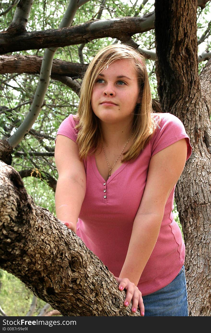 Teenage girl looking up while climbing a tree. Teenage girl looking up while climbing a tree.