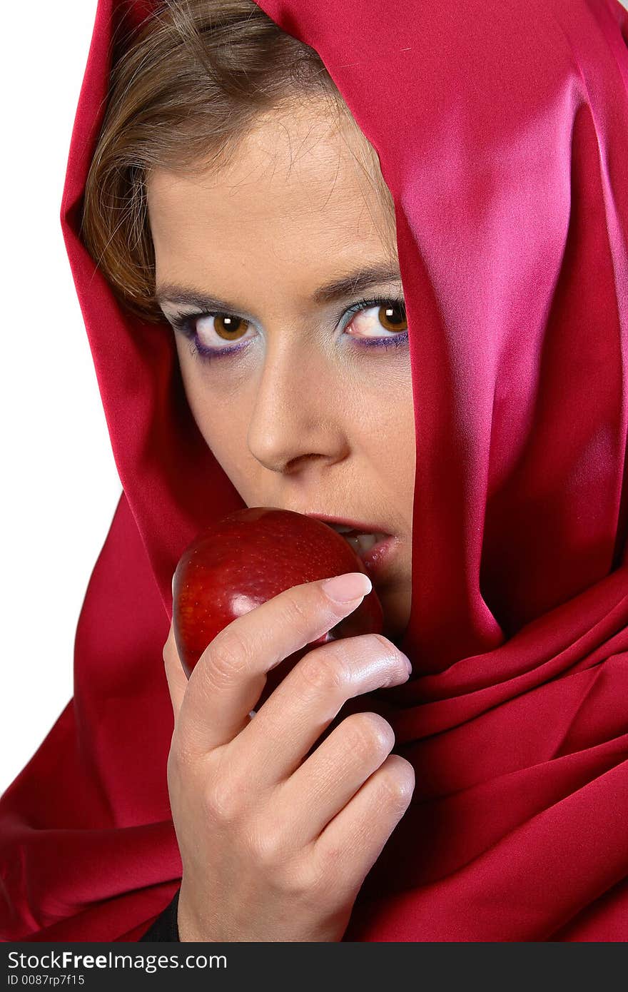 Woman In Red Scarf With Apple