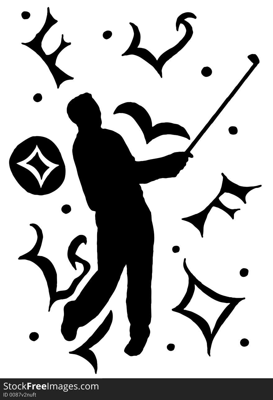 Hand-drawn shape of a man playing golf on a swirl and scroll background. Hand-drawn shape of a man playing golf on a swirl and scroll background