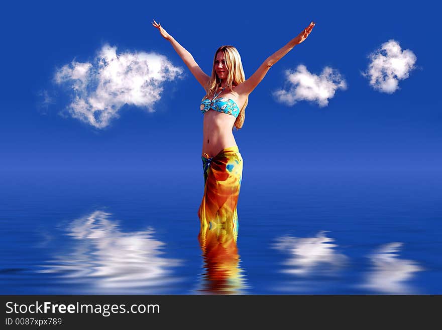 Girl on blue sky with clouds, water