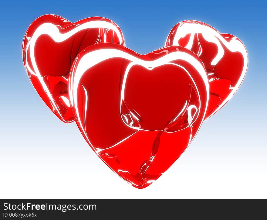 Three warm red hearts on the blue background