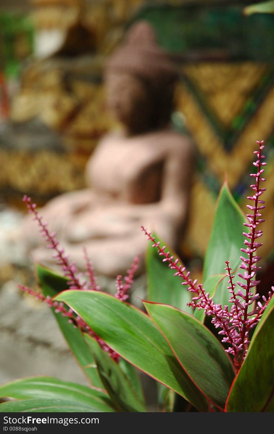 Old buddha statue behind some purple flowers at a Buddhist temple in Thailand.