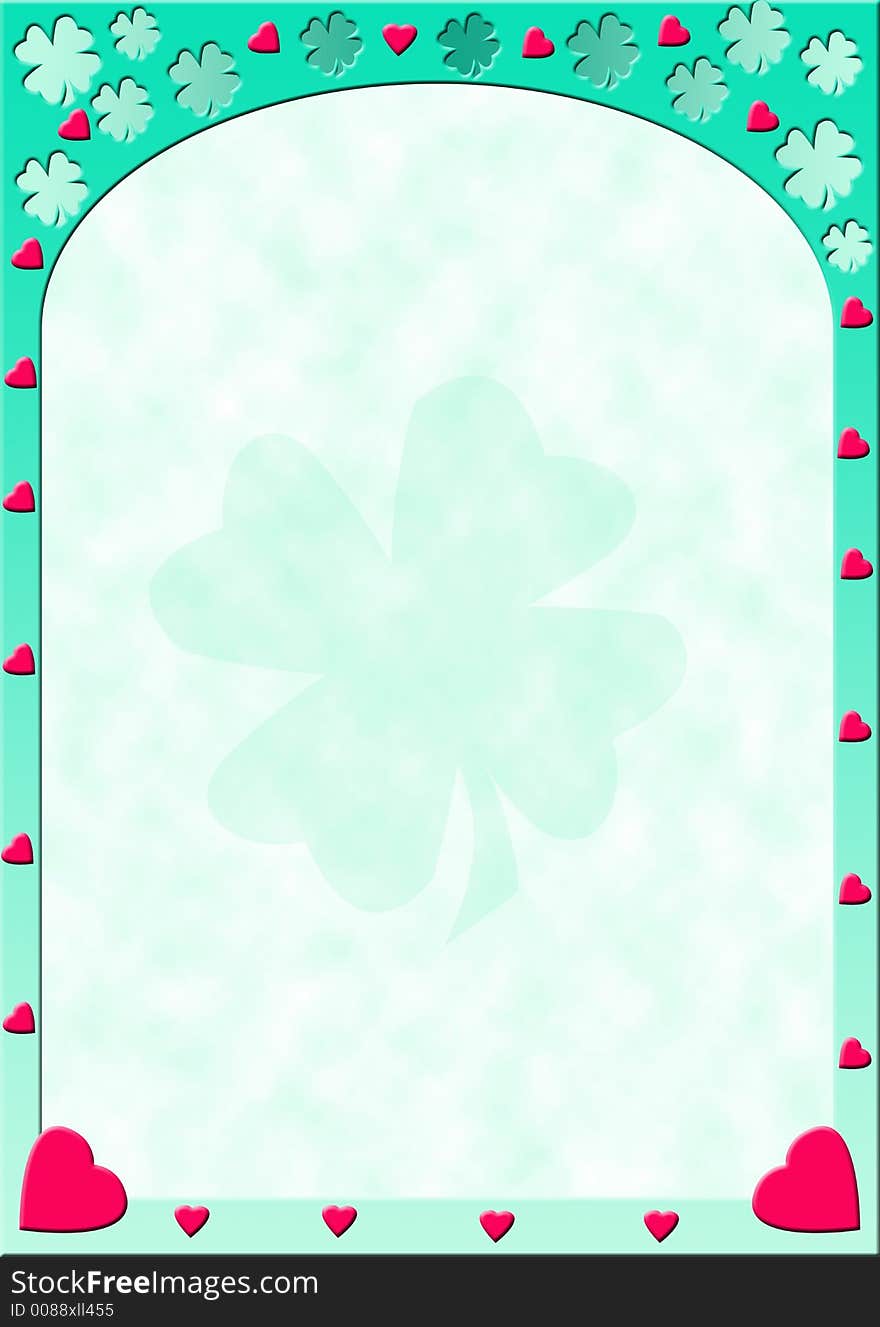 Fresh and inviting frame with hearts and four-leafed clovers and a big light clover in the background. Fresh and inviting frame with hearts and four-leafed clovers and a big light clover in the background