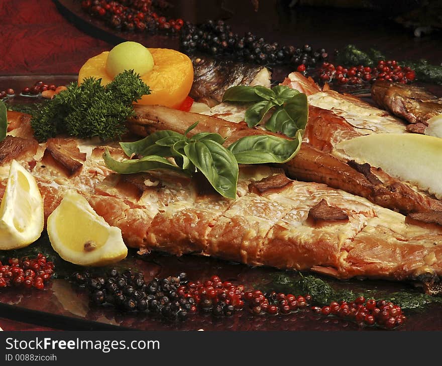 Smoked fish with lemon, peach and fresh herb. Smoked fish with lemon, peach and fresh herb