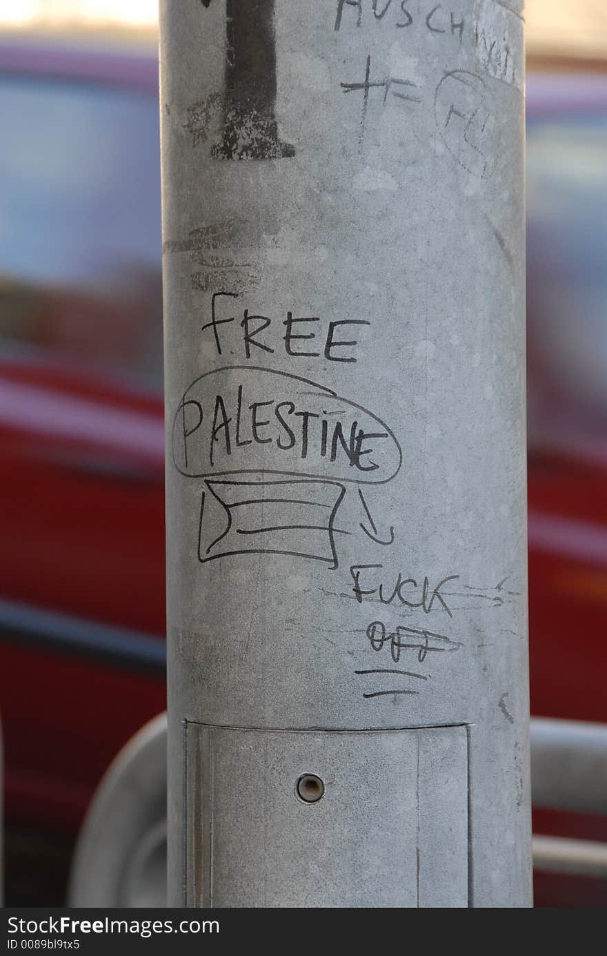 Anti Palestinian written on a utility pole in Jerusalem. Anti Palestinian written on a utility pole in Jerusalem