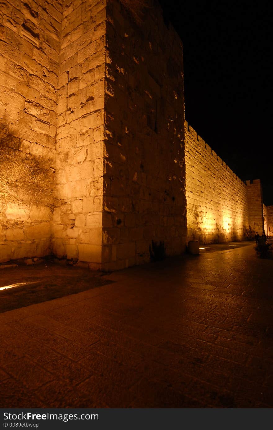 View of the Old City wall in jerusalem looking towards the Jaffa gate.