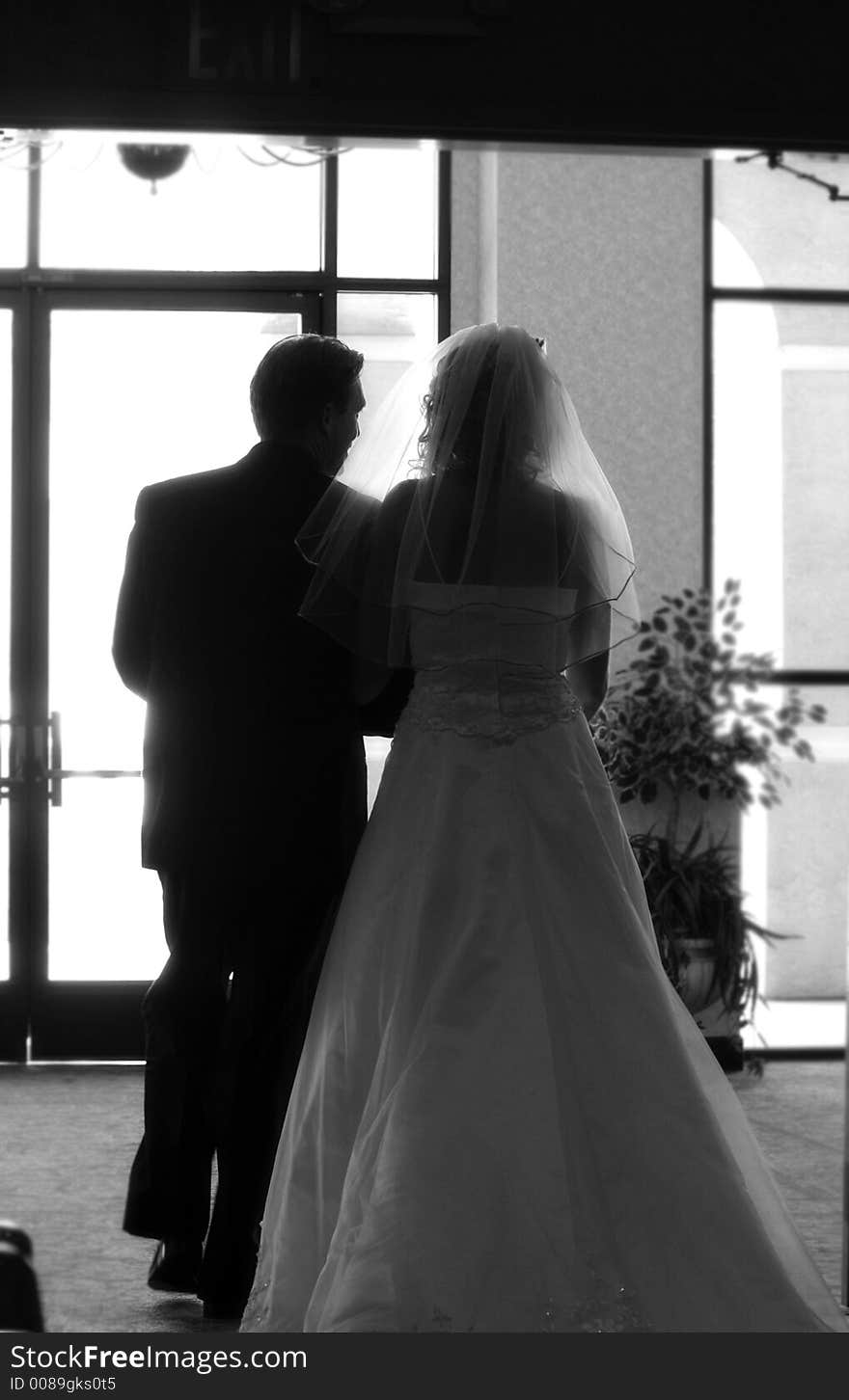 Bride and groom walk out of the darkness. Bride and groom walk out of the darkness