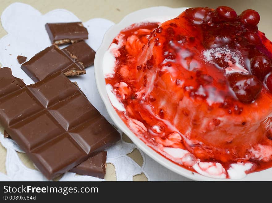 Ice-cream Poured With Cherry Jam.