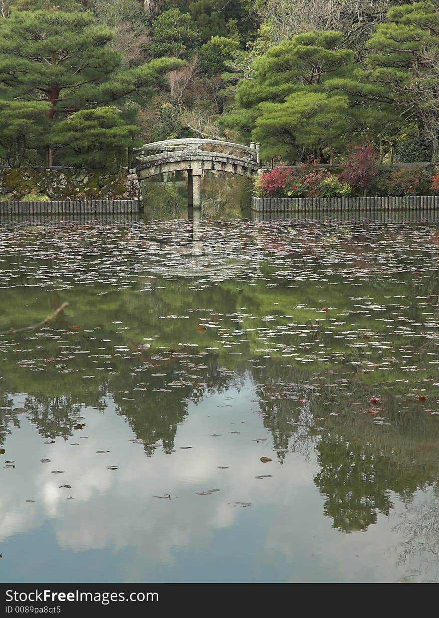 Reflections of a Japanese garden and a stone bridge